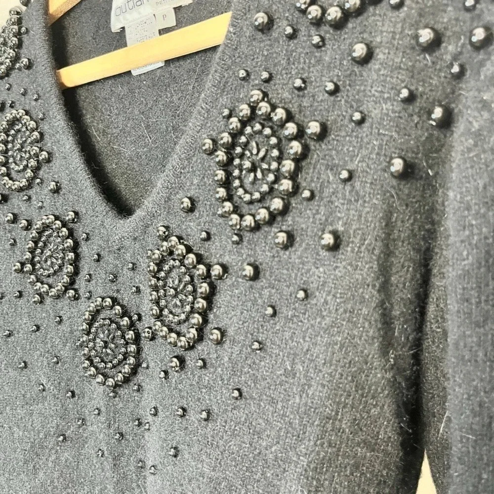 Vtg Lambswool Angora Rabbit OUTLANDER‎ Sweater Beaded 80s Black wool Petite